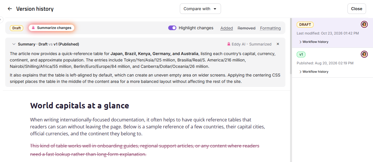 Draft view with the summary open above the article