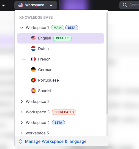 Document360 interface showing workspace selection and article management options