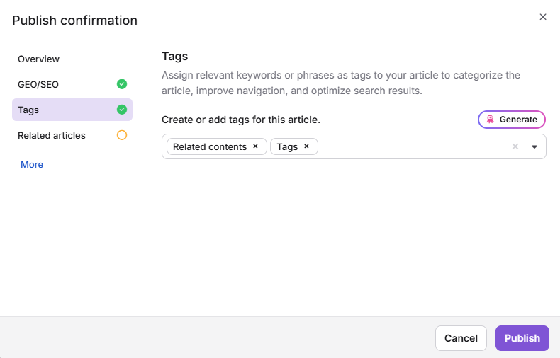 Configure article settings section in the publish confirmation prompt showing the Tags field