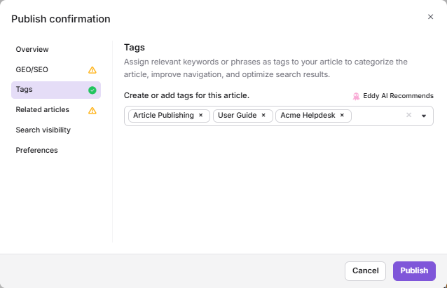 Tag configuration panel with Eddy AI recommendations in the publish dialog