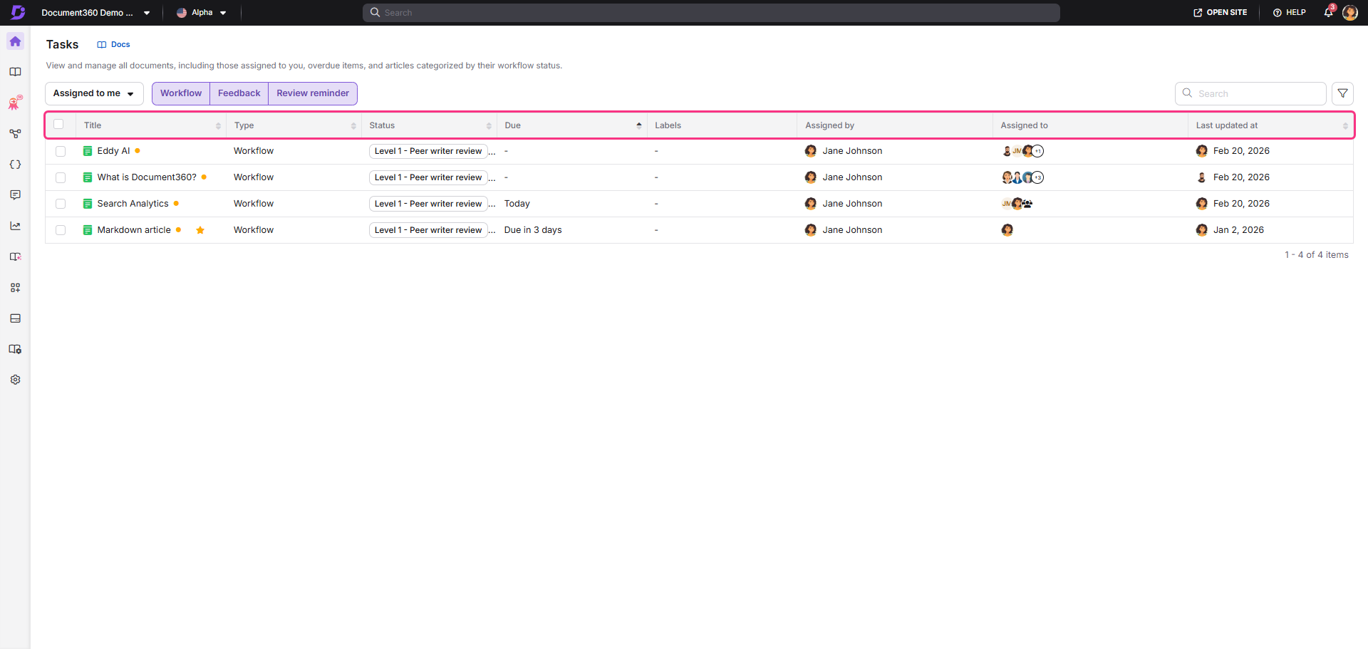 Task management interface displaying assigned tasks, statuses, and due dates for review.