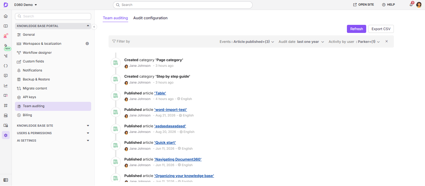 Team auditing section showing recent activities and filters for workspace updates.