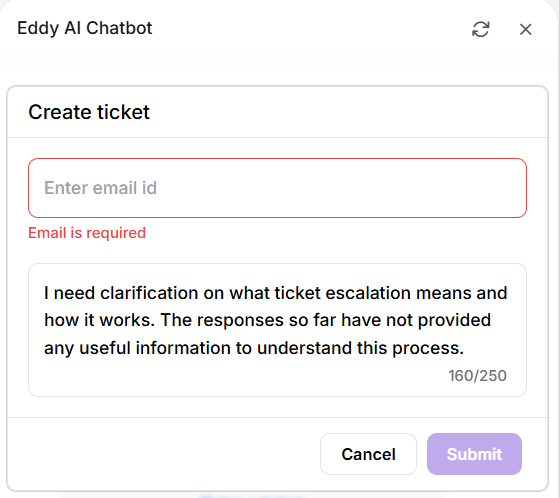User creates a ticket requesting clarification on chatbot ticket escalation process.
