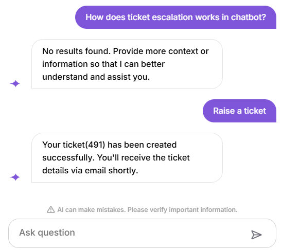 Chatbot interaction showing ticket creation and escalation process for user inquiries.