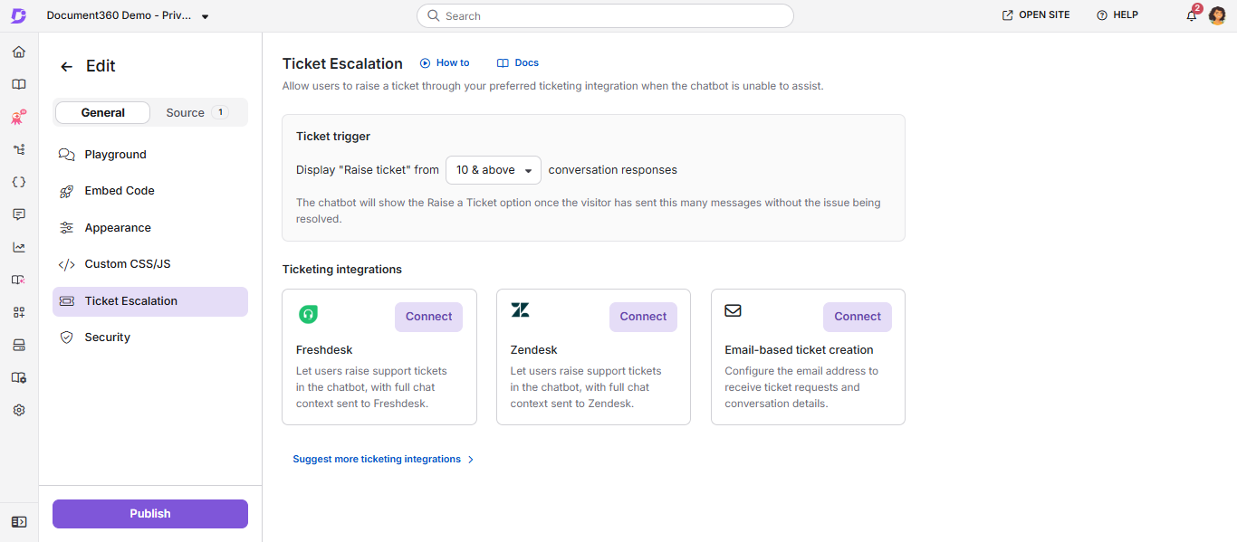 Ticket escalation tab showing Zendesk, Freshdesk, and Email-based ticket creation options.