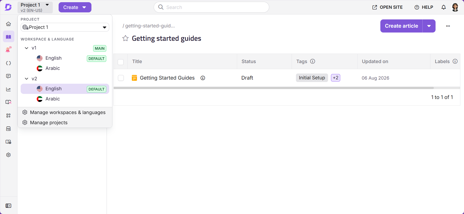 Overview of project settings with language options and article management features displayed.