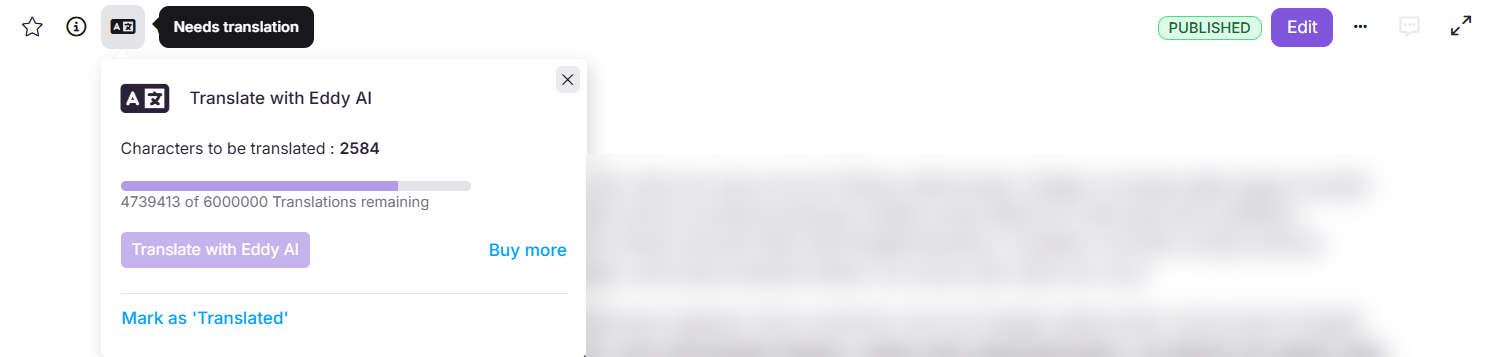 Screen recording showing how to translate an article using the Translate with Eddy AI icon in the article editor.