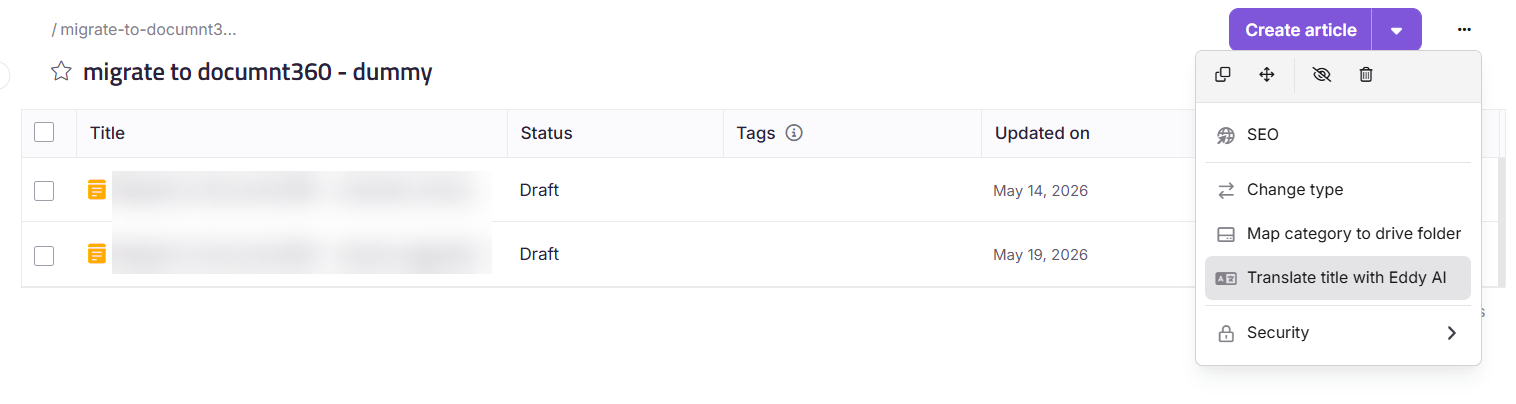 Category tree three-dot menu showing the Translate title option for an index or folder category.