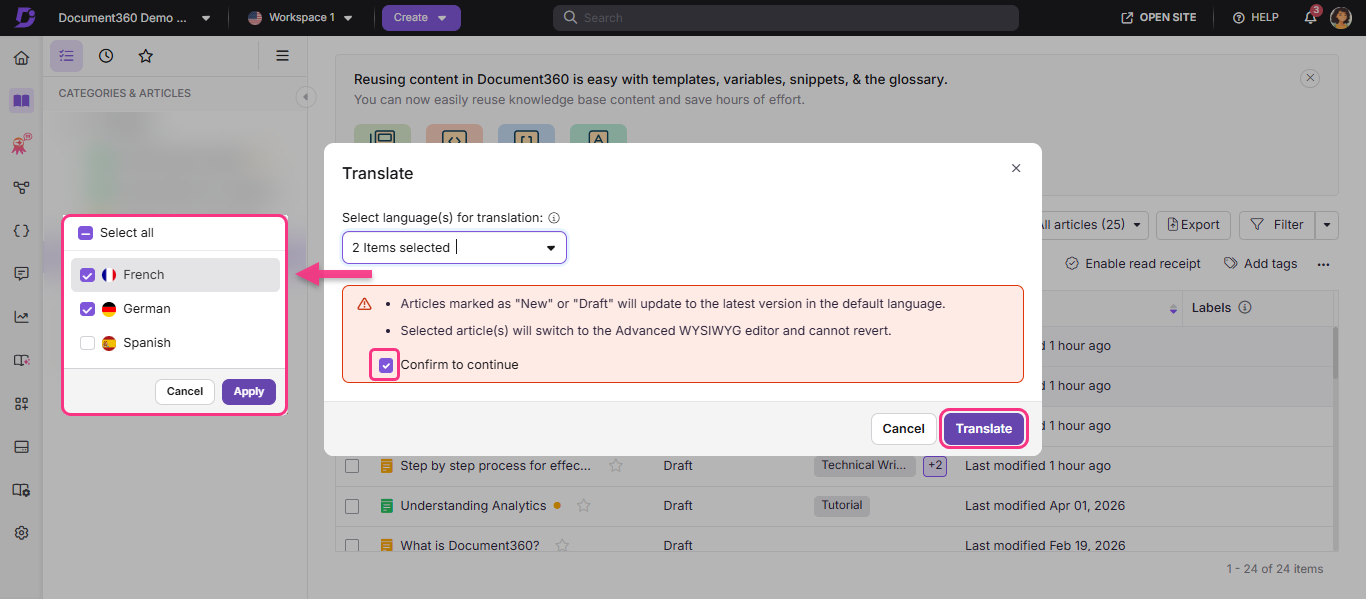 Document360 interface showing translation options and selected languages for articles.