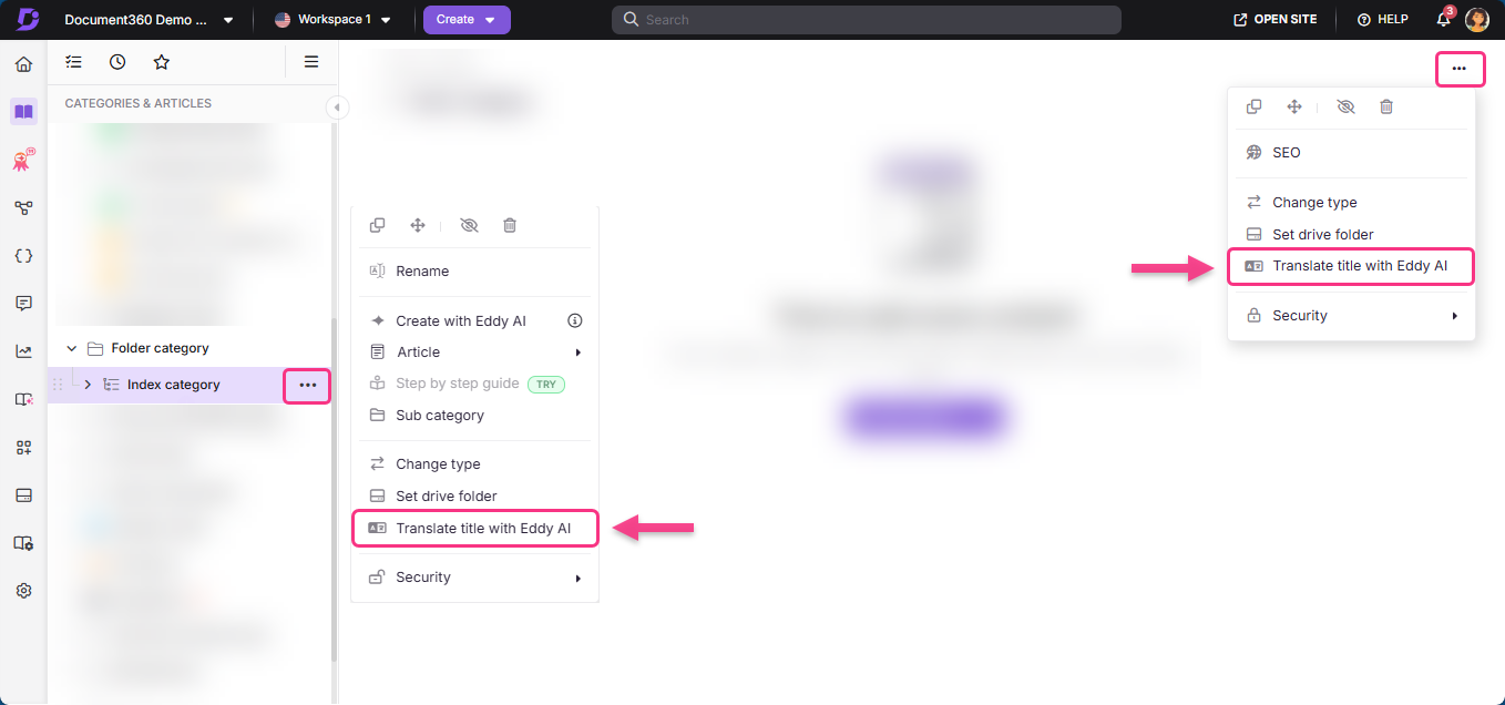 Menu options include translating titles and creating articles with Eddy AI.