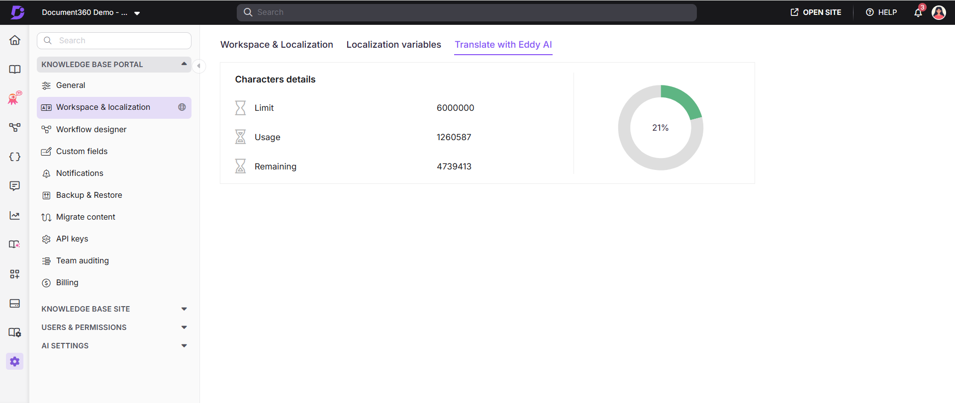 Document360 workspace localization settings page showing Translate with Eddy AI character credit usage details.