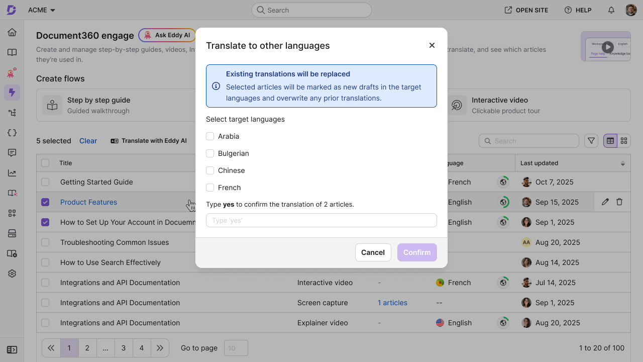 Translate to other languages dialog for translating the selected items with Eddy AI