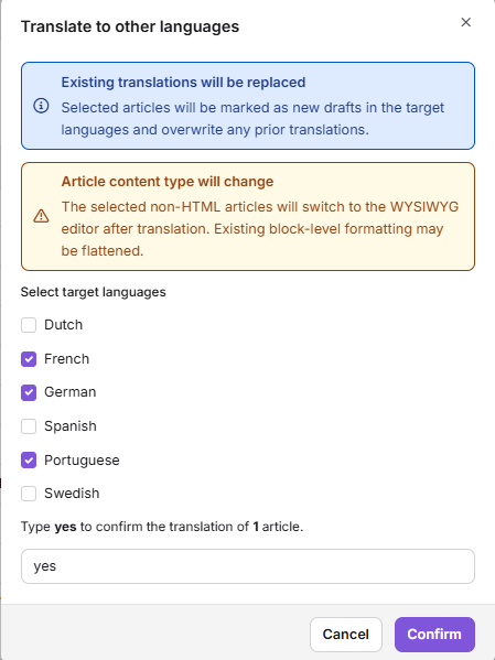 Document360 interface showing translation options and selected languages for articles.