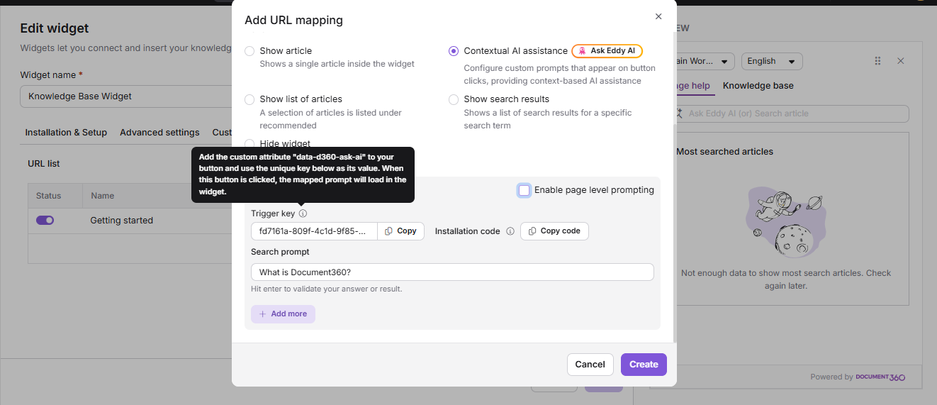 Instructions for adding URL mapping and contextual AI assistance in a widget interface