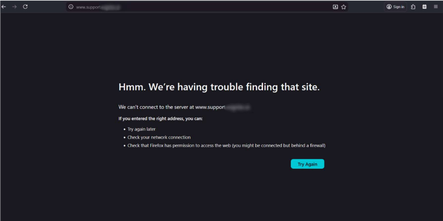 Error message indicating trouble connecting to the specified website with troubleshooting tips.