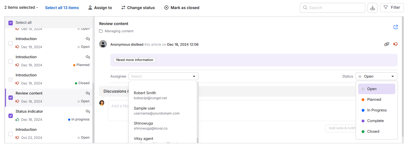 Detail view of an unanswered query feedback item showing the discussion and status fields.