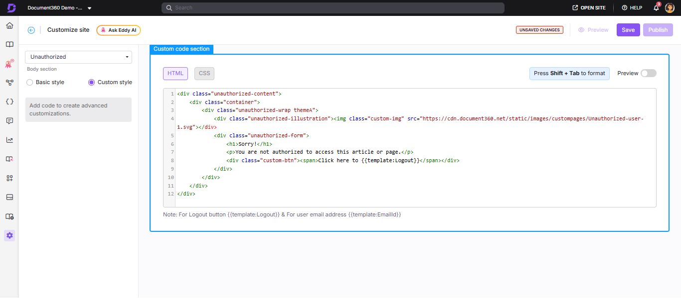 Custom style editor for the Unauthorized page