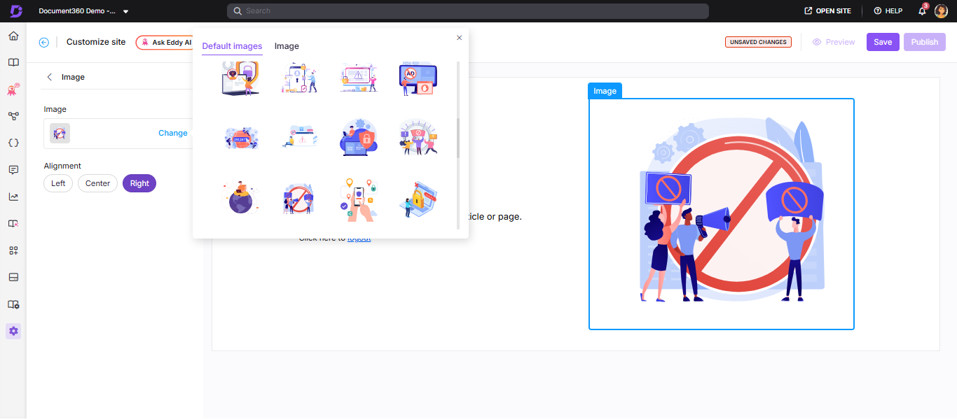 Image selection interface showing alignment options