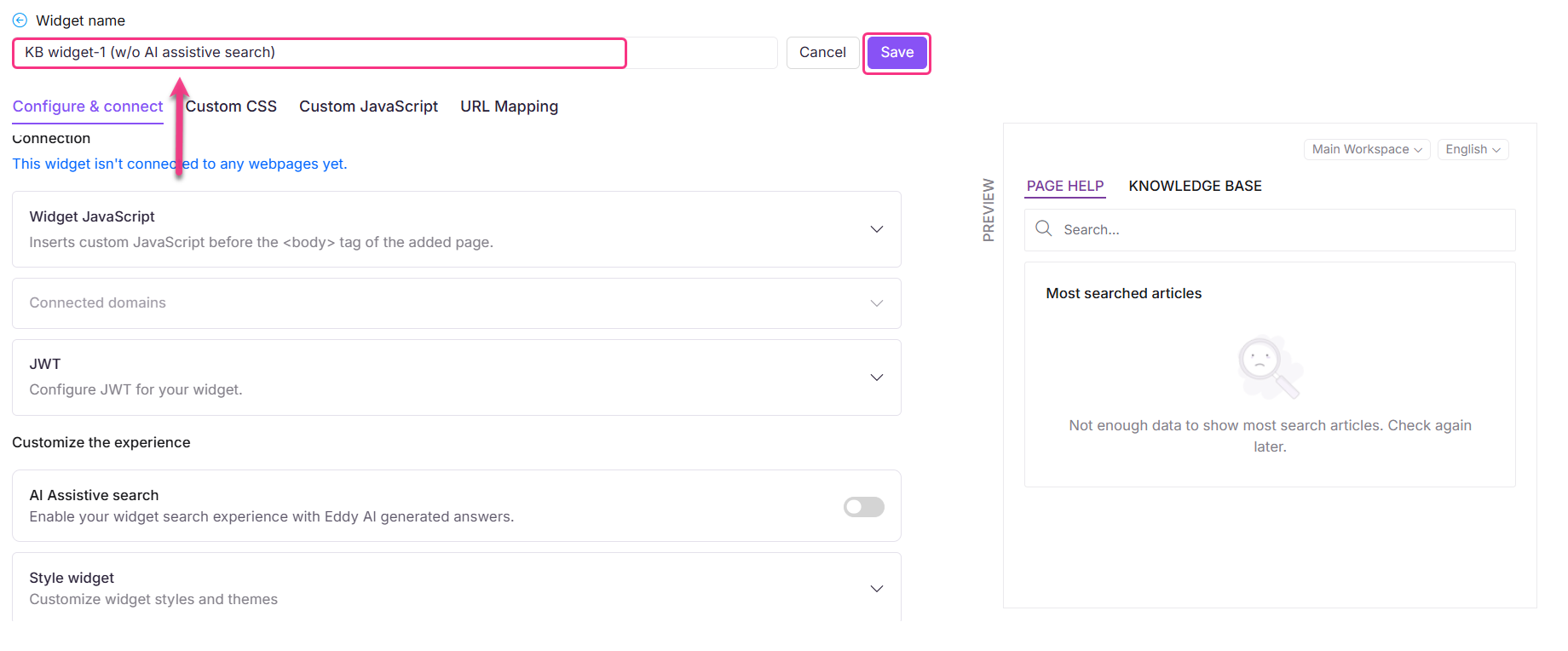 Configuration settings for a widget with options for JavaScript and AI assistive search.