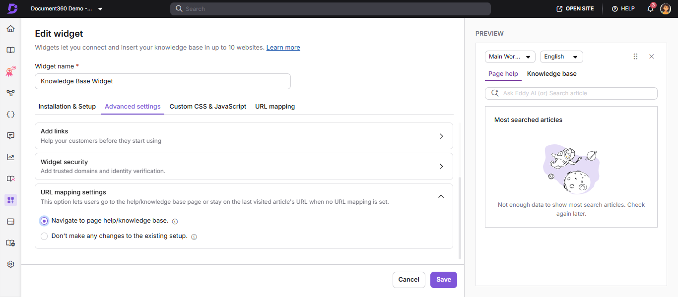 URL mapping settings panel showing the two default behavior options