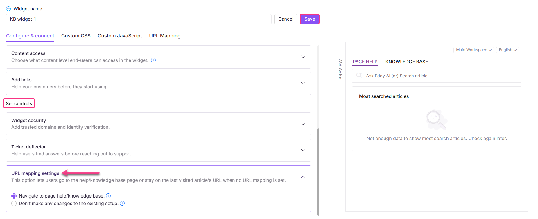 Settings for configuring a knowledge base widget, highlighting URL mapping options.