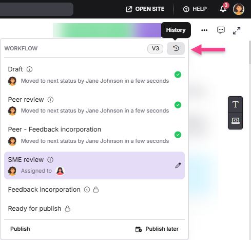 Workflow status showing draft, peer review, and SME review stages with assigned tasks.