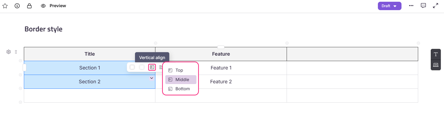 Table displaying sections with vertical alignment options for features and titles.