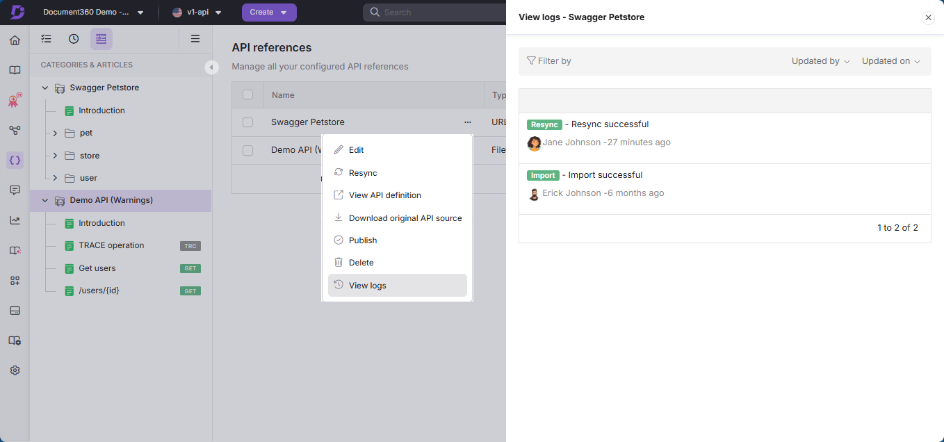 The import summary showing created categories and articles with the Alerts and Warnings section.