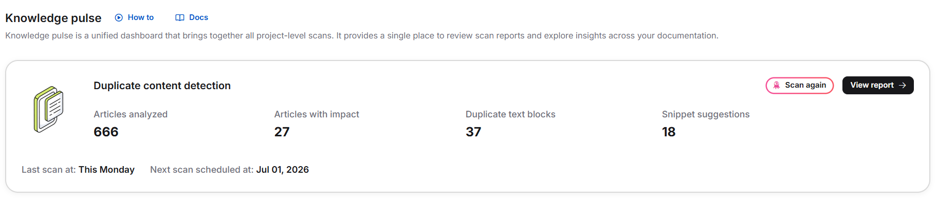 Knowledge pulse showing scan metrics including impacted articles, duplicate blocks, and action buttons.