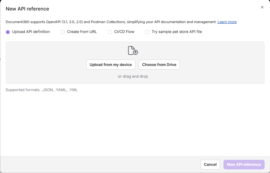 The New API reference window with the Upload API definition option and the upload area.