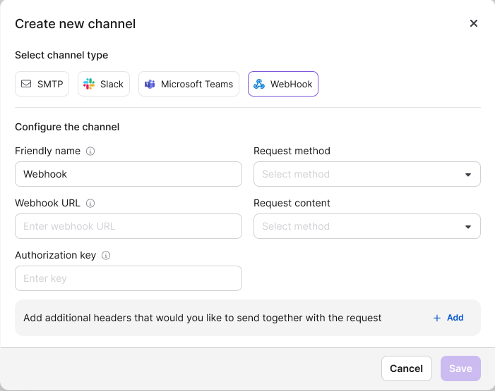 Configuration settings for a Webhook channel including URL and authorization key.
