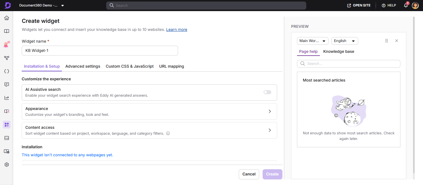 Connected domains accordion expanded in the widget configuration showing detected domains