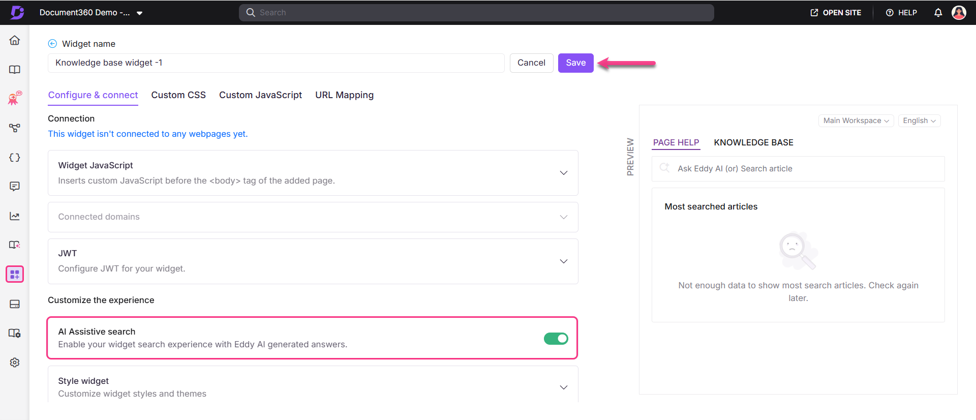 Settings for a knowledge base widget with options for JavaScript and AI search.