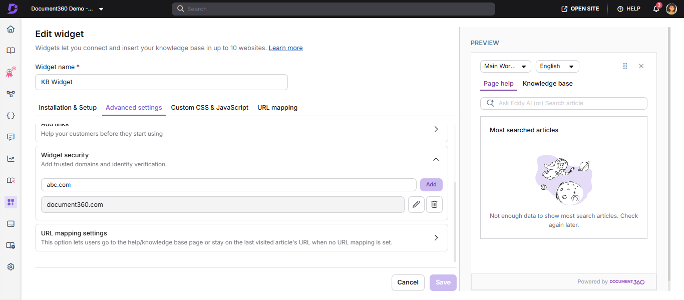 Widget security configuration section showing the domain restriction input field and list