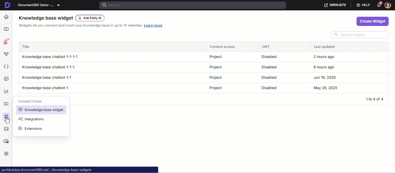 Animated walkthrough showing the widget installation steps in Document360