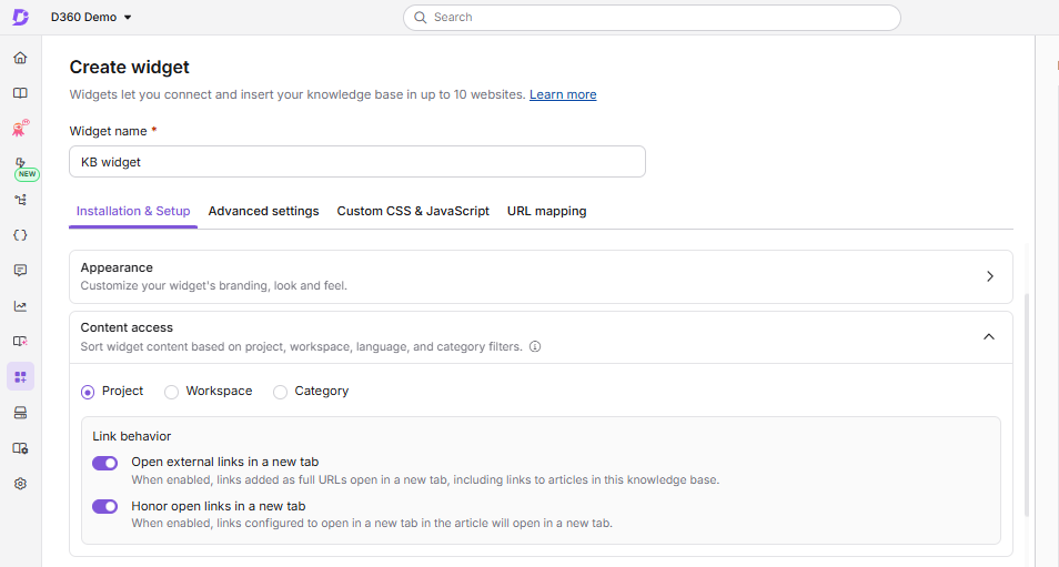 Widget link behavior