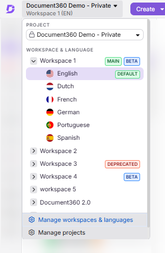 Document360 interface showing workspace selection and article management options
