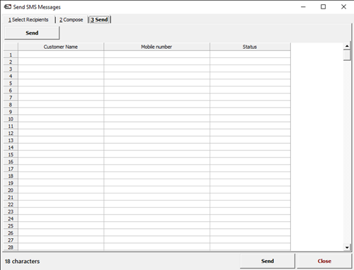 Image of the Send SMS Messages window third tab '3 Send'