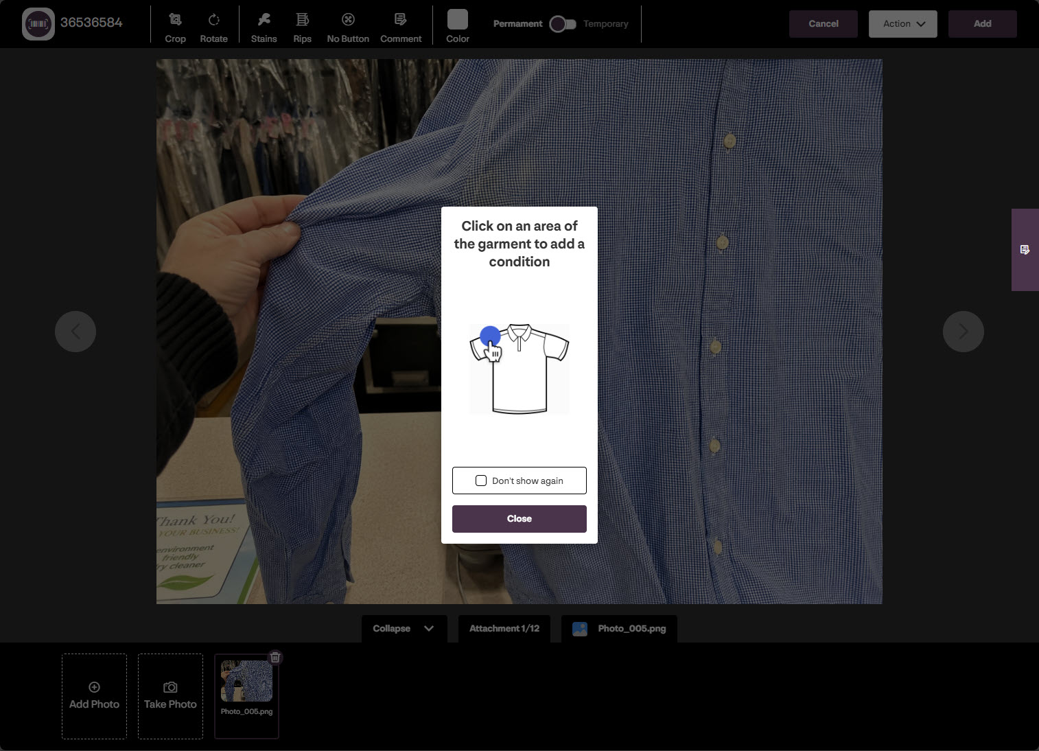 Connect Conditions drawer showing documented garment damage notes