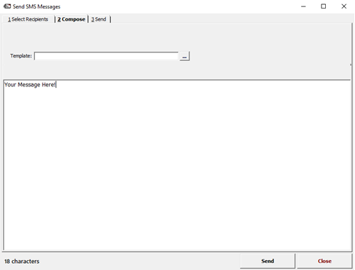 Image of the Send SMS Messages window, second tab '2 Compose'