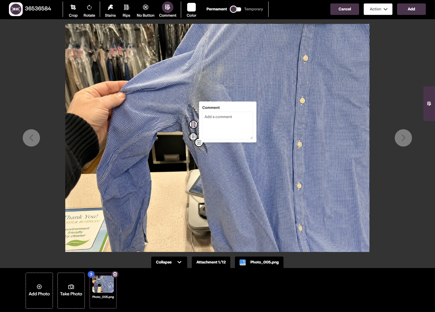 Connect Conditions drawer showing documented garment damage notes