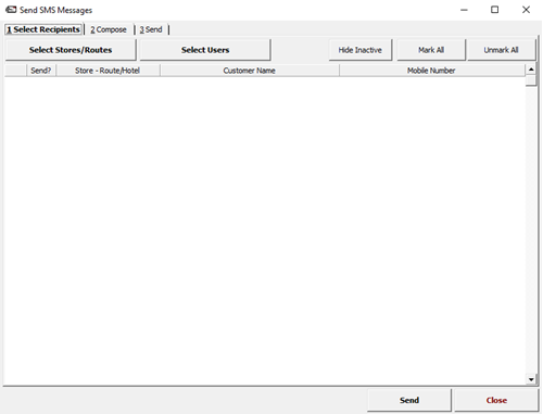 Image of the Send SMS Messages window, first tab '1 Select Recipients'