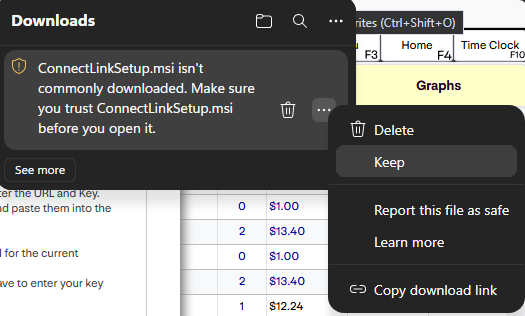 More actions menu on the download with the Keep option