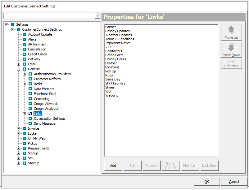 Links view listing the banner, update, and legal links