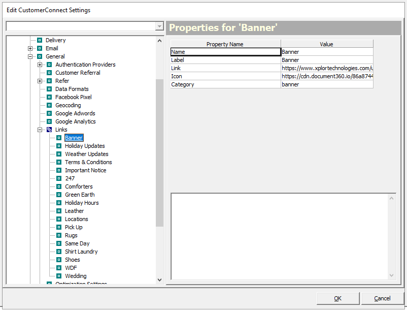 Banner link properties: Name, Label, Link, Icon, Category
