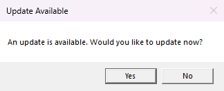 Update Available message asking whether to update now, with Yes and No buttons