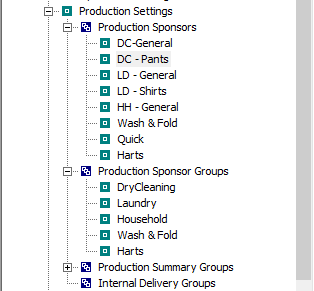 Production Settings tree with Production Sponsors and Production Sponsor Groups