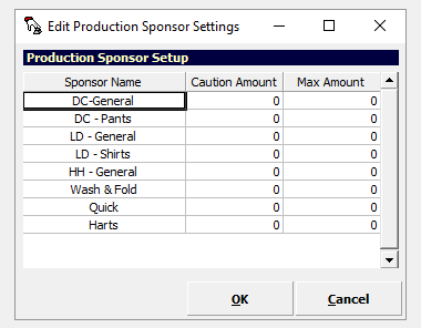 Production Sponsor Setup grid with Caution Amount and Max Amount per sponsor