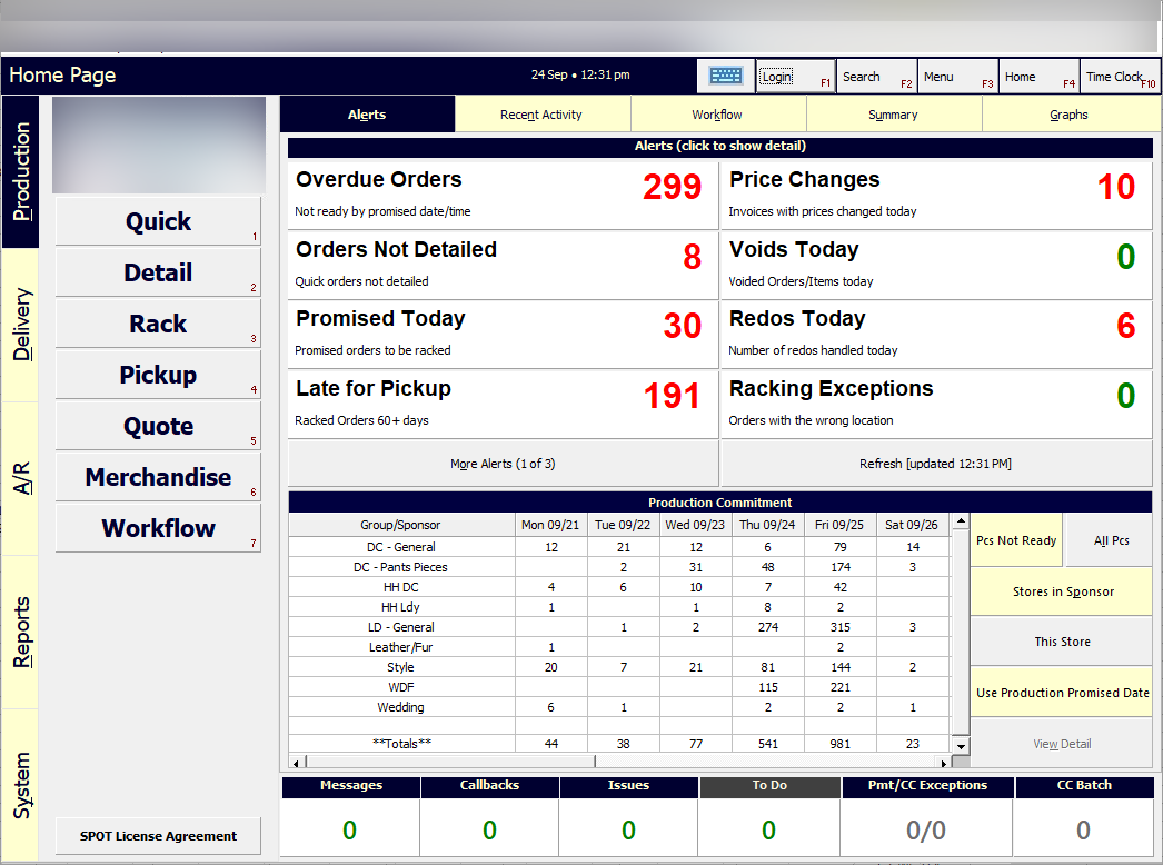 Home Page Alerts tab with the Production Commitment grid