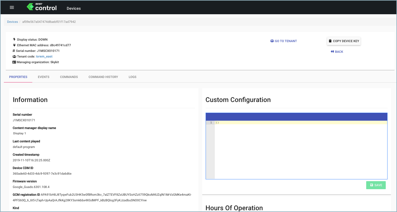 Legacy Control Console - Device Properties window